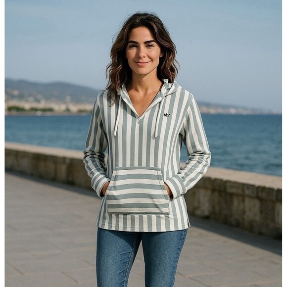 Bianc  Hooded Tunic Top Gray And White Front Pocket Vacation Resort - Picture 1 of 8